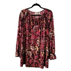 Susan Graver Top Womens 3X Purple Floral Long Sleeve Ruffle Keyhole Tie Neck
